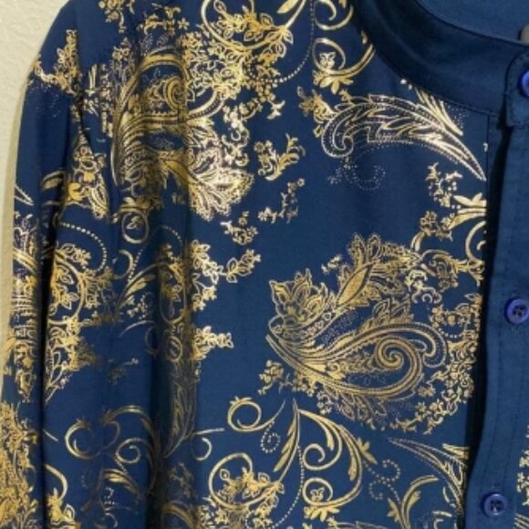 JOGAL Men's Mandarin Button Down Dress Shirt w Metallic Gold Graphics Size M - Picture 3 of 7